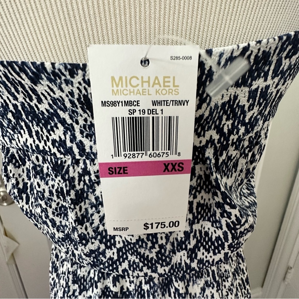 NWT MICHAEL KORS Belted Midi Dress Tiered Sleeveless Blue White Navy Size XXS - Picture 3 of 8